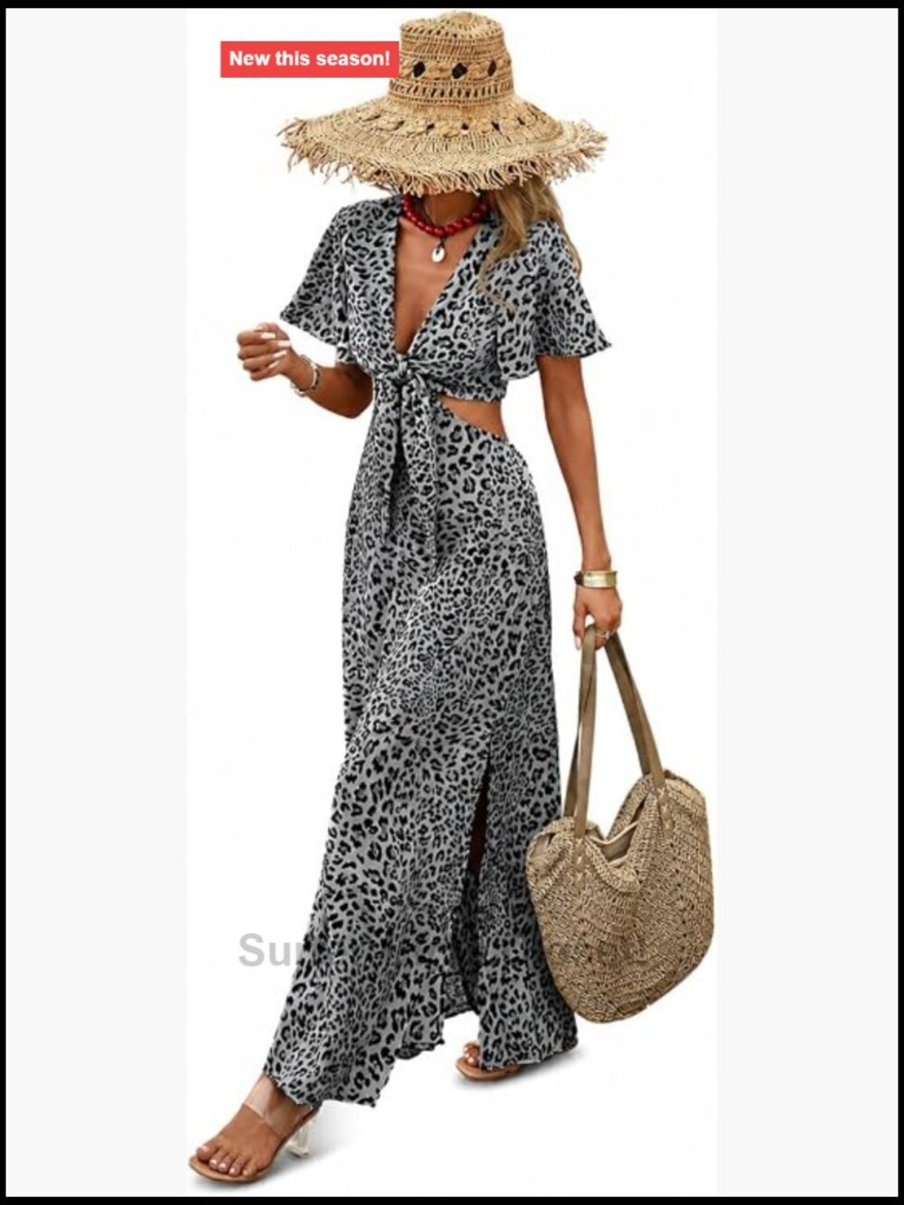 Leopard Print Maxi Dress Deep V Neck Sleeveless Flowy Summer Beach Dress